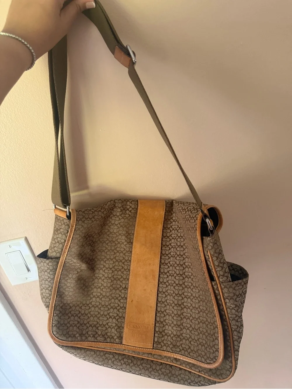 Coach Brown Signature Canvas Messenger with Tan Leather Stripe